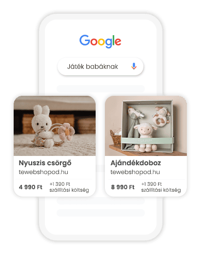 Illusztráció egy shopping hirdetésről, amelyen termékhirdetések jelennek meg egy Google-keresésre.