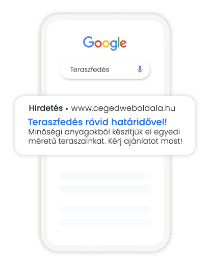 Illusztráció egy Google-keresésről, amelynél egy releváns Google hirdetés jelenik meg.